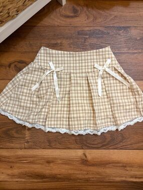 Altar'd State Beige Plaid Lace-Trim Mini Skirt with Ribbon Bows
